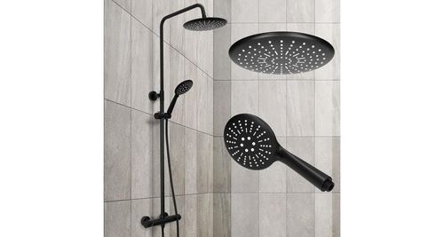 Système de douche à pluie rond noir avec colonne pommeau de douche + thermostat