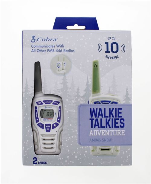 Cobra AM845 Résistant à La Neige Talkie-Walkie avec Lampe de Poche LED Intégrée, Supérieure à 10Km et Piles Rechargeables incluses (Set de 2) - Blanc