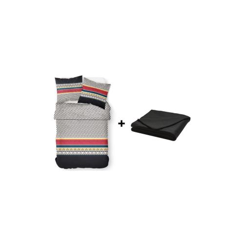 TODAY Parure de couette ETNIK 100% Coton 220x240cm + Plaid Noir OFFERT !