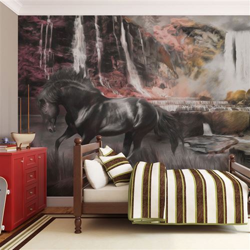 Papier peint Cheval noir et cascade-Taille L 350 x H 270 cm