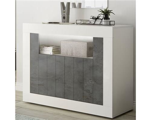 Petit bahut 110 cm blanc effet béton gris foncé moderne URBAN 6 - L 110 x P 42 x H 86 cm