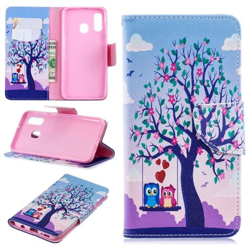 Etui en PU feuille de papier pour l'impression de motifs deux chouettes échangistes pour votre Samsung Galaxy A40