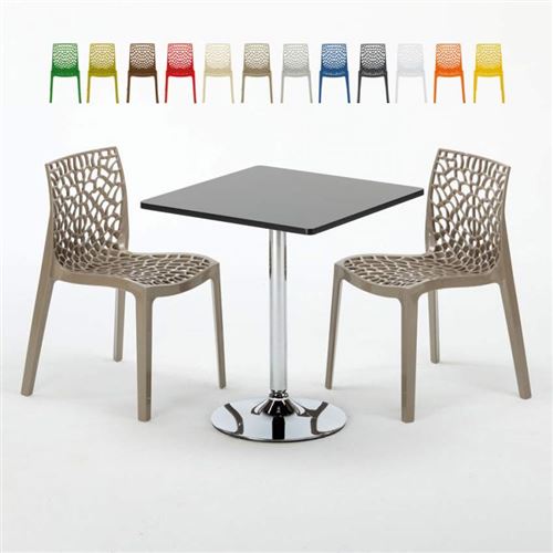 Table Carrée Noire 70x70cm Avec 2 Chaises Colorées Grand Soleil Set Intérieur Bar Café Gruvyer Mojito, Couleur: Beige Juta