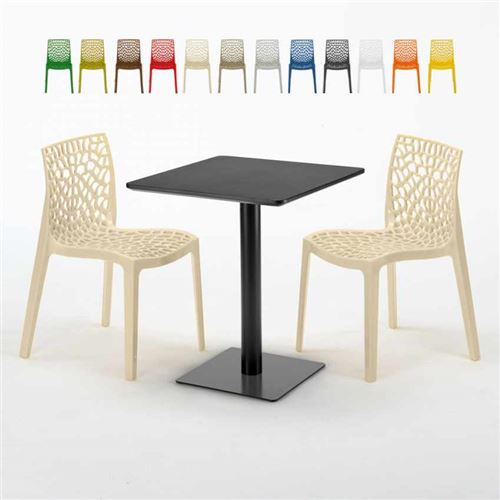 Table carrée 60x60 noire avec 2 chaises colorées Gruvyer Licorice, Couleur: Beige