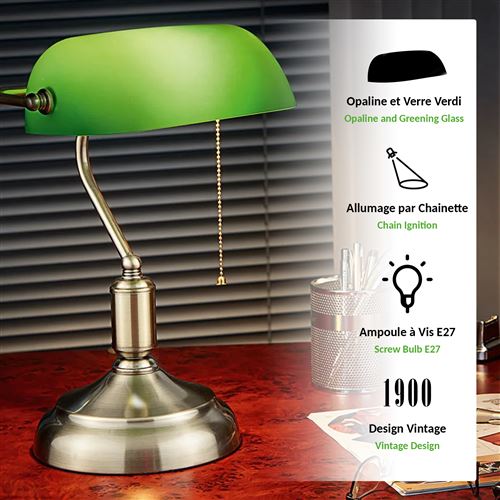 Lampe de Banquier Verte FISHTEC Lampe de Chevet Rétro Vintage Opaline en  Verre - Achat & prix
