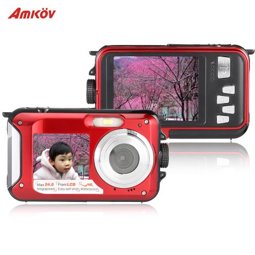 Amkov Appareil Photo Numérique Caméscope Anti-vibrations 24MP Double LCD Affichage 2.7 Écran HD Rouge