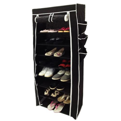 Todeco - Penderie, Armoire, Placard à chaussures, 6 poches latérales, 160 x 58 x 28 cm, Noir, Poids: 3 kg