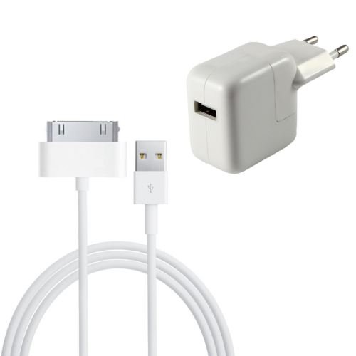 Cable USB + Chargeur Secteur Blanc pour Apple iPad 1 / 2 / 3 - Cable Chargeur Port USB Data Chargeur Synchronisation Transfert Donnees Mesure 1 Metre Chargeur Secteur Prise Murale Phonillico®