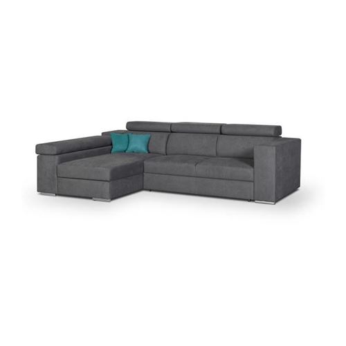 Canape dangle gauche 4 places convertible + coffre + 2 coussins deco - Tissu gris - L 274 x P 180 x H 81 cm - DENVER