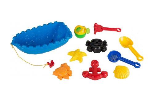 Ensemble jouets de plage 10 pieces (bateau 36 cm  arrosoir  pelle  rateau  tamis  moules) - jeux ete / sable / mer / eau - bebe  enfant