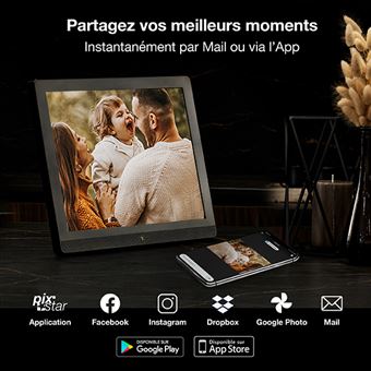 Cadre Photo Numérique 15 Pouces WiFi - Écran Tactile Full HD, Partage Cloud, Météo, Télécommande