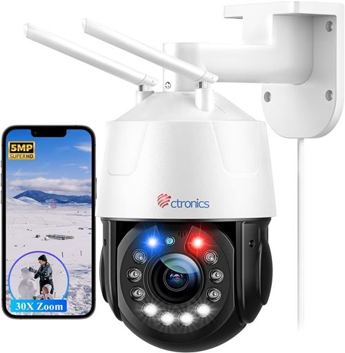 Ctronics Caméra Surveillance WiFi Extérieure 5MP 30X Zoom Optique, PTZ IP, Vision Nocturne Couleur 150M, Alarme, IP66