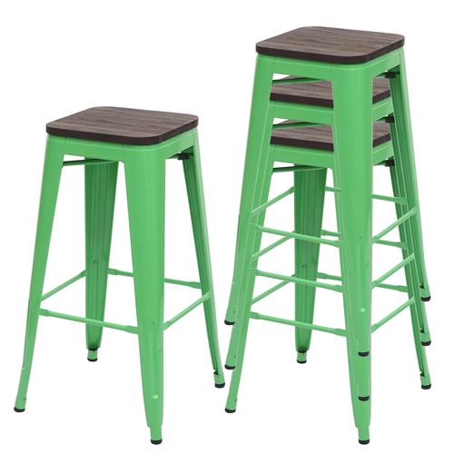 4x Tabouret de bar HWC-A73, avec si&egrave;ge en bois, m&eacute;tal, style industriel vert 