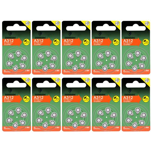 Lot de 60 Piles bouton Zinc Air Type A312/312 pour appareils auditifs compatibles PR41 1,45V - Visiodirect -