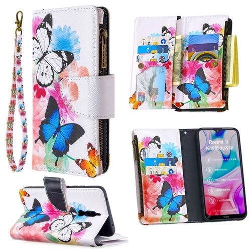 Etui en PU fermeture éclair à motifs avec support et plusieurs porte-cartes papillon bleu pour votre Xiaomi Redmi 8