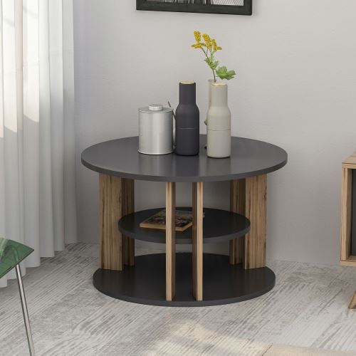 HOMEMANIA Rilla Koffietafel- Rotondo - met planken - van woonkamer - Walnoot, Antraciet in hout, 68 x 68 x 44 cm