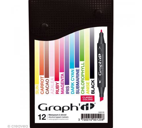 Set Graph'it de 12 Marqueurs à alcool double pointe Classic Colors