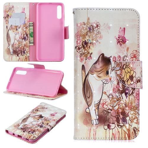Etui en PU impression de motifs chat et fleur pour votre Samsung Galaxy A70