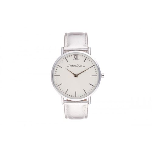 Montre Femme Andreas Osten Cadran 40mm En Steel Blanc Et Bracelet Argenté En Cuir AO-189