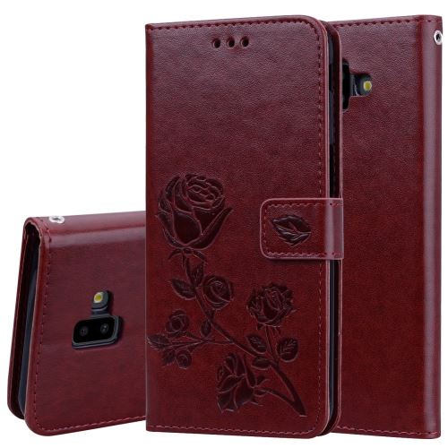 Etui en PU motif fleur de rose avec support et fentes pour cartes de crédit marron pour votre Samsung Galaxy J6 Plus