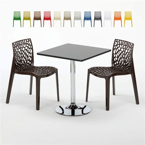 Table Carrée Noire 70x70cm Avec 2 Chaises Colorées Grand Soleil Set Intérieur Bar Café Gruvyer Mojito, Couleur: Marron