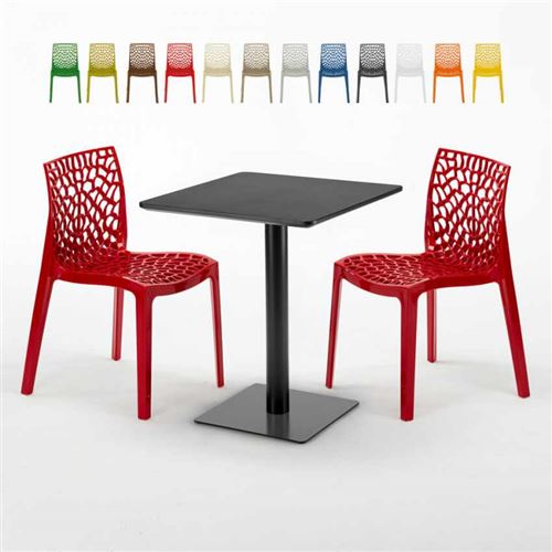 Table carrée 60x60 noire avec 2 chaises colorées Gruvyer Licorice, Couleur: Rouge