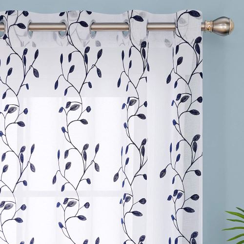 Deconovo Lot de 2 Rideaux Bleu Marine Broderie Effet Lin à Motif Rideaux Exterieur Salon Bureau 140x290cm