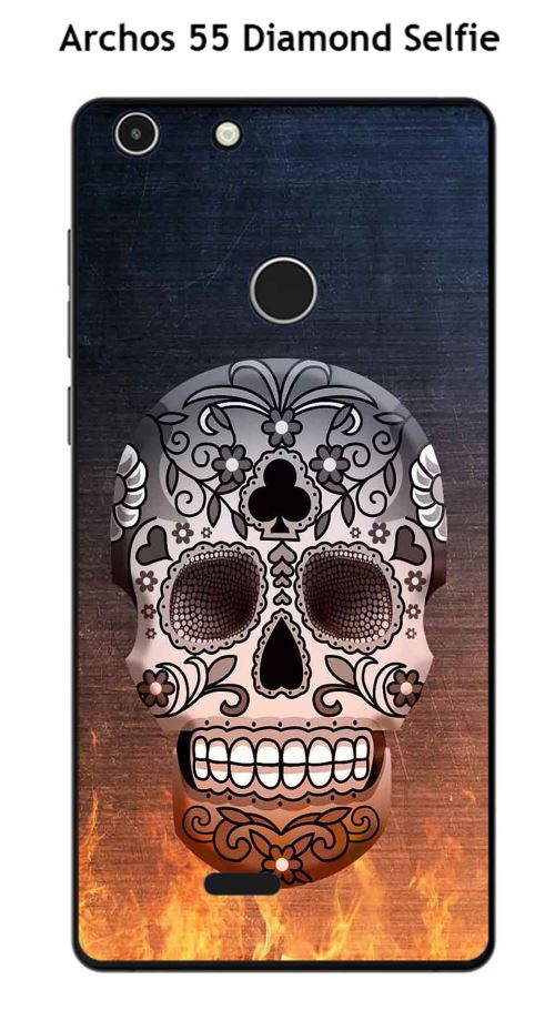 Coque TPU gel souple Archos 55 Diamond Selfie design Tete de mort fond feu