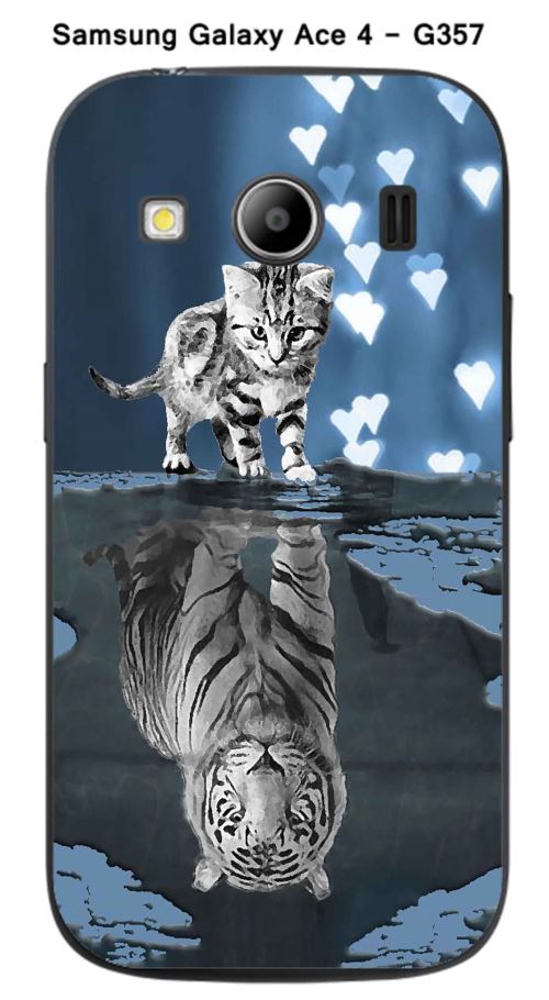 Coque TPU gel souple Samsung Galaxy Ace 4 - G357 design Chat Tigre Blanc fond bleu noir