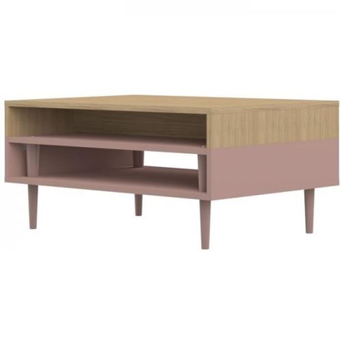 SYMBIOSYS Table basse HORIZON style contemporain decor chene - Pieds fuseau rose poudre - L 80 x l 53 cm