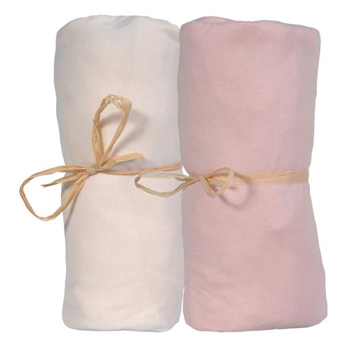 Lot de 2 Draps housse Jersey Bio P'tit Basile Ecru/Rose Bonbon(60x120cm)