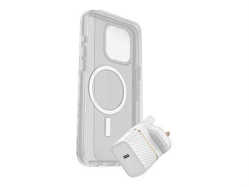 OtterBox Symmetry Series - Coque de protection pour téléphone portable - compatibilité avec MagSafe - clair - avec protection d écran en verre de qualité supérieure et chargeur mural à charge rapide USB-C 30W - pour Apple iPhone 15 Pro Max