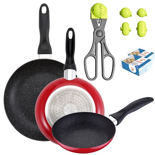 Pack de 3 casseroles couverts16cm20cm24cm + ustensile multi-utilisations avec 4 moules interchangeables + 40 plateaux de conservation