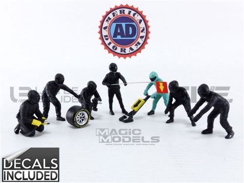 Voiture Miniature de Collection AMERICAN DIORAMA 1-43 - FIGURINES F1 Pit Crew Figures Set 1 Team Black - Black / Silver - 38383