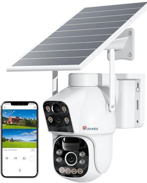 Ctronics 4G LTE Caméra de Surveillance Extérieur Sans Fil 2 Objectif, 15600mAh Batterie, 8W Solaire, Carte SIM, Couleur Nuit 30M, PIR