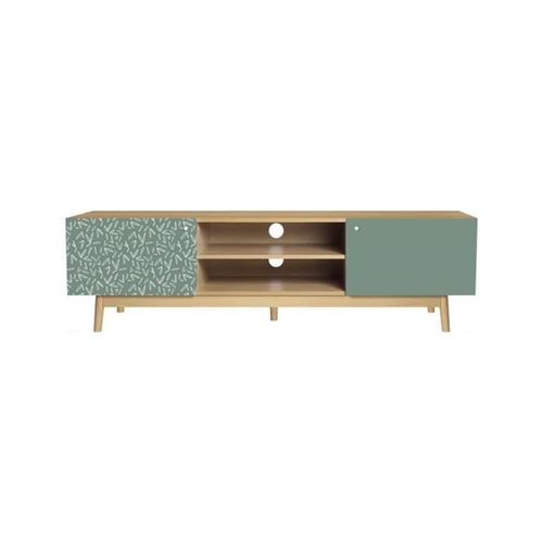 Meuble TV 2 portes - Decor Chene et vert - Pieds bois massif - L 160 x P 45 x H 45 cm - GARDENIA