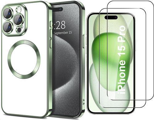 Coque Silicone Pour iPhone 15 Pro Couleur Vert Compatible Magsafe + 2 Verres Trempe Protection Ecran Little Boutik®