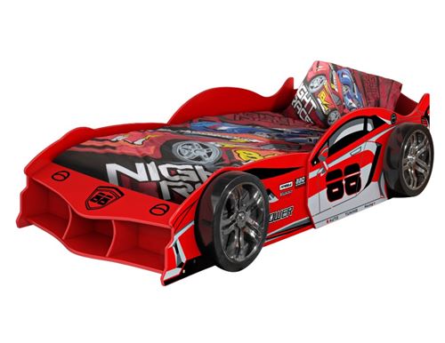 MAX Autobett 90x200 cm, inkl. Lattenrost, Ausf. MDF glänzend rot lackiert mit Racing Motiven