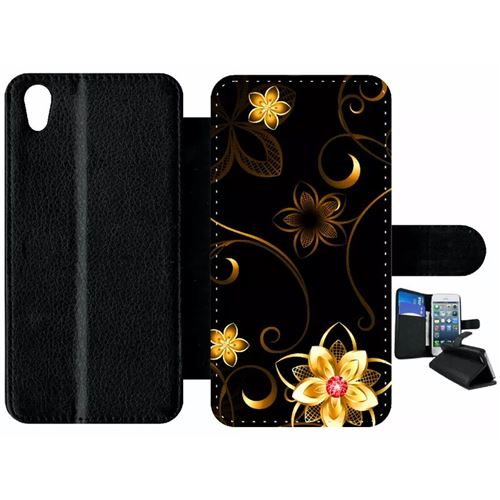 Etui À Rabat Sony Xperia X Performance (xp) Fleur D Or Fond Noir