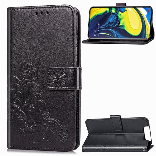 Etui en PU quatre feuilles avec support noir pour votre Samsung Galaxy A80/A90