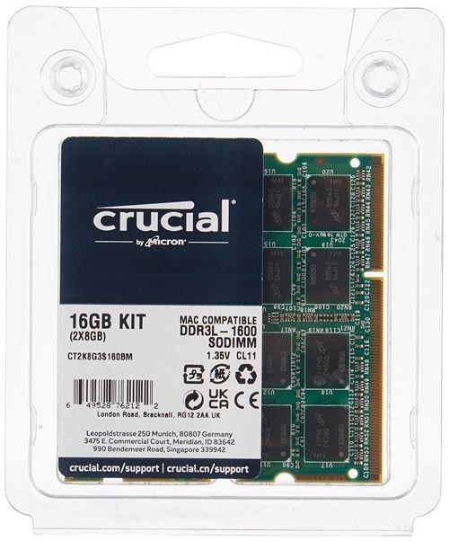  Crucial - DDR3 - kit - 16 Go: 2 x 8 Go - SO DIMM 204 broches - 1600 MHz / PC3-12800 - CL11 - 1.35 / 1.5 V - m&eacute;moire sans tampon - non ECC - pour Apple iMac (Apr&egrave;s 2011); Mac mini