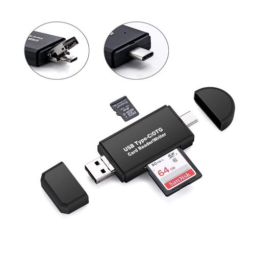 Lecteur de cartes SD / micro, adaptateur USB OTG Micro-USB type C et lecteur de carte mémoire USB 2.0 portable pour cartes SDXC, SDHC, SD, MMC, RS-MMC, Micro-SDXC, Micro-SDHC et UHS-I Noir