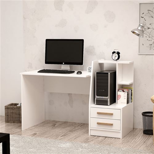 HOMEMANIA Bureau Dabby avec Étagères, Tiroirs - pour Bureau, Chambre - Noyer, Blanc en Bois, 130 x 60 x 89 cm