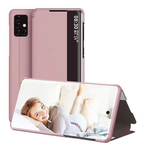 Étui Portefeuille pour Samsung Galaxy A71 en Cuir à Rabat Antichoc avec Fenêtre d’affichage intelligente - Rose