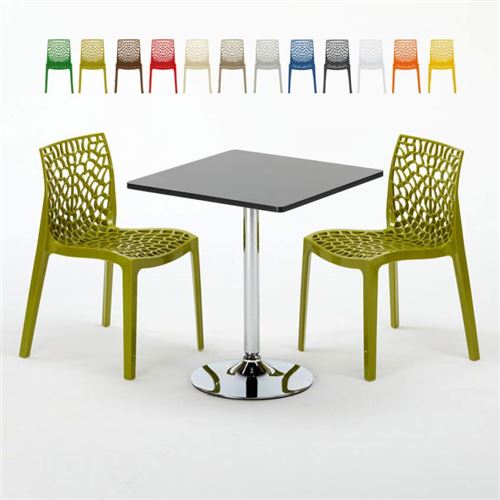 Table Carrée Noire 70x70cm Avec 2 Chaises Colorées Grand Soleil Set Intérieur Bar Café Gruvyer Mojito, Couleur: Anis vert