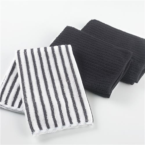 3 torchons 40 x 40 cm microfibre cuistot 2 unis/1 raye Noir