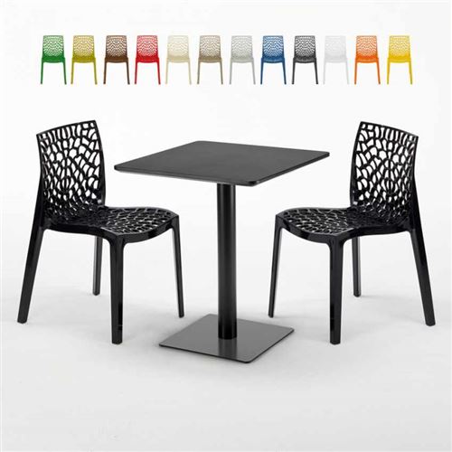 Table carrée 60x60 noire avec 2 chaises colorées Gruvyer Licorice, Couleur: Noir