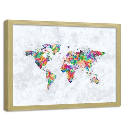 Feeby Image encadrée Tableau décoration cadre mural nature, Carte du monde colorée 100x70 cm