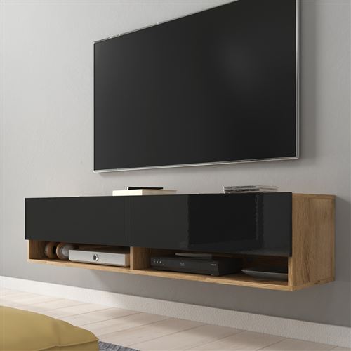 Meuble TV / Meuble de salon - WANDER - 140 cm - sans LED - chêne wotan / noir brillant - design moderne