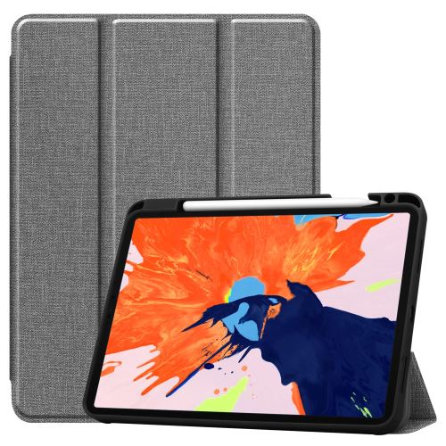 Etui en PU + TPU trois plis en jean avec support et porte-stylo gris pour votre Apple iPad Pro 12.9 pouces (2020)